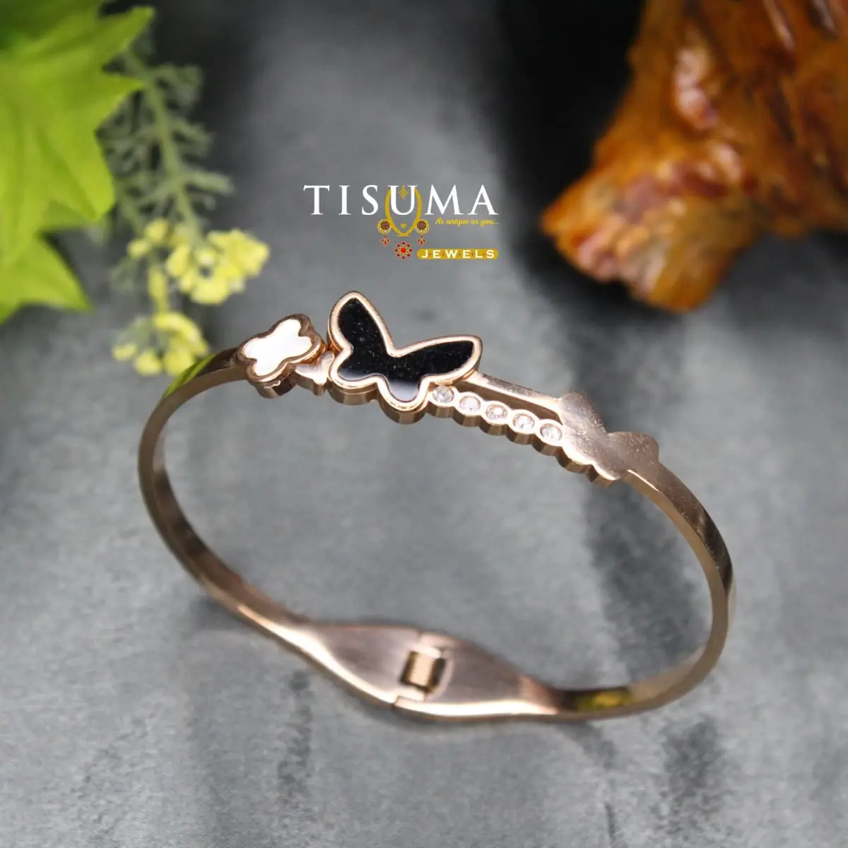 Black Butterfly and Clover Zircon Rose Gold Anti-Tarnish Kada Bangle